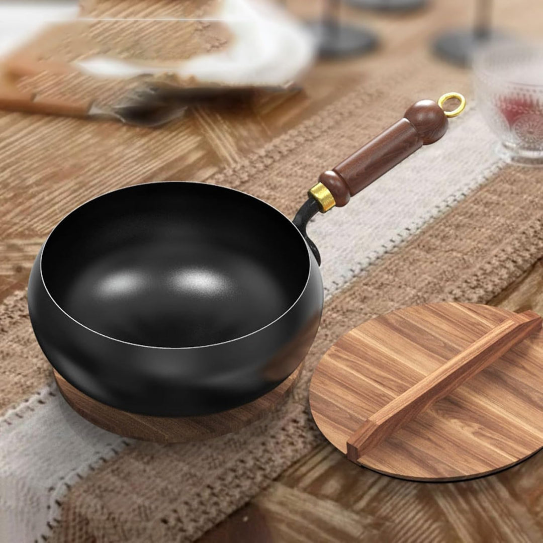 Gusseisen-Woks, multifunktional, nicht beschichtet, mit verbrühungsfreiem Griff, 24 cm Durchmesser,