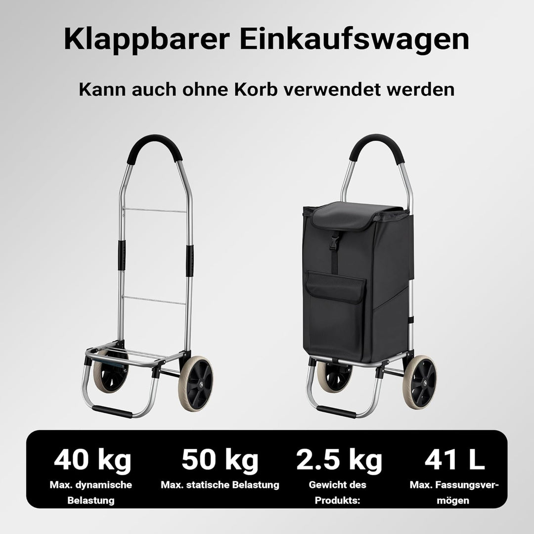 Wiltec Einkaufstrolley klappbar 36,5 x 44 x 103 cm bis 40 kg, Hackenporsche mit Zwei Rädern, Faltbar