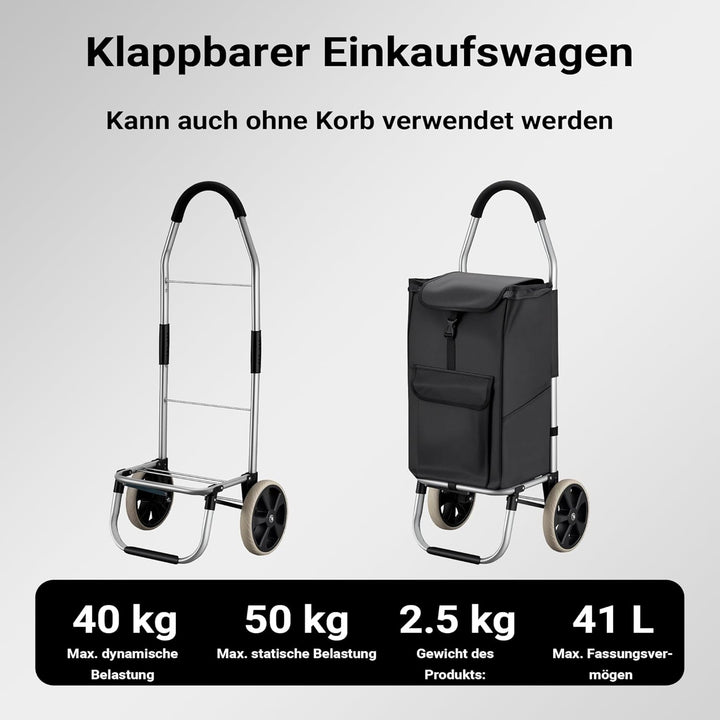 Wiltec Einkaufstrolley klappbar 36,5 x 44 x 103 cm bis 40 kg, Hackenporsche mit Zwei Rädern, Faltbar