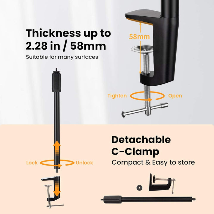 TARION Tisch Lichtstativ Klemmstativ 35-62cm einstellbar Licht Einbeinstativ mit 1/4 Schraube und 1/