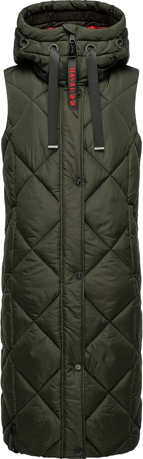 Navahoo warme Damen Winter Steppweste lang mit Kapuze Schnuckel XS-XXL S Dark Olive, S Dark Olive