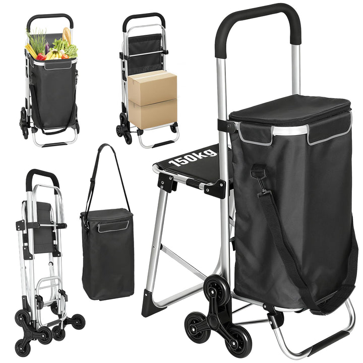 HOMCOM 3-in-1 Einkaufstrolley Klappbar mit Sitz 40L Kapazität Duneklgrau Dunkelgrau, Dunkelgrau