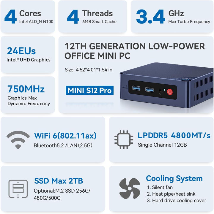 Beelink Mini PC, EQ12 Intel 12th Gen N100(bis zu 3.4GHz) 4C/4T, Mini Computer 16GB DDR5 RAM 500GB SS