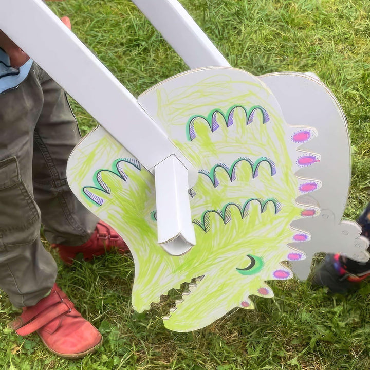 Steckenpferde 10er Set aus Pappe 115 x 40 x 25 cm Hobbyhorse - Dino Stegosaurus weiss zum Bemalen un