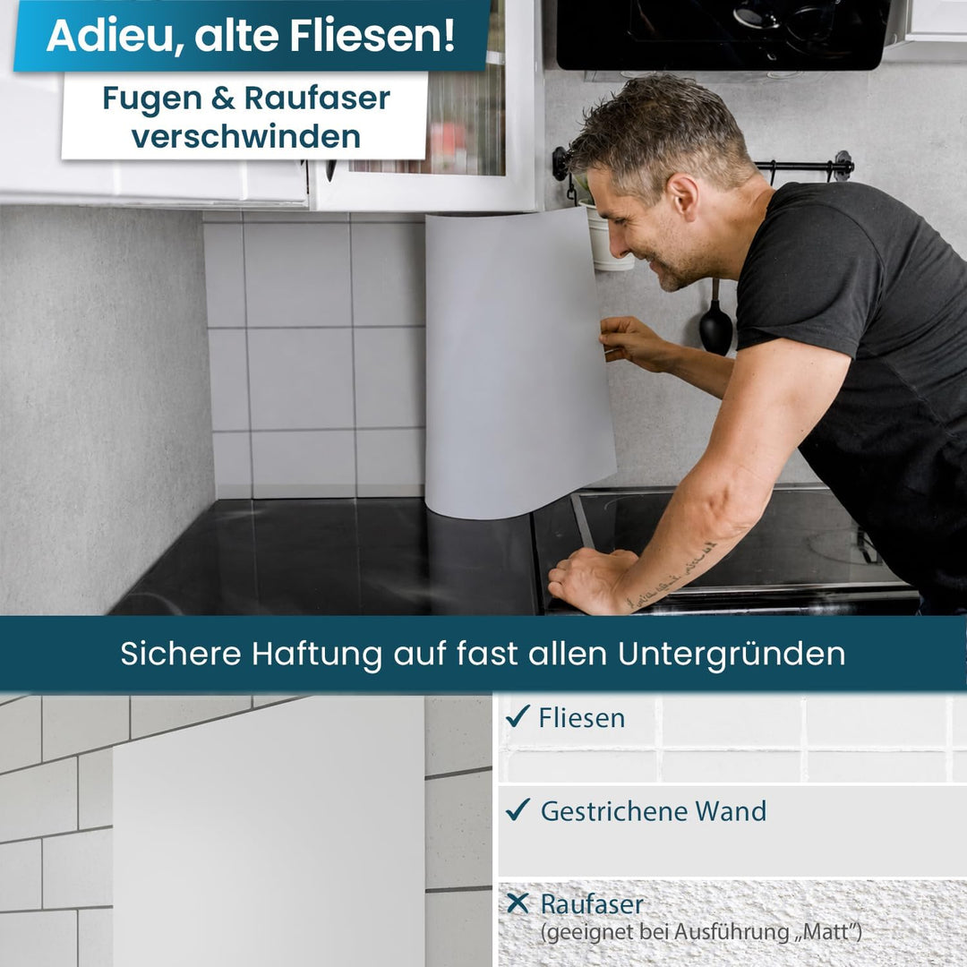 danario Küchenrückwand selbstklebend - Glasoptik - Spritzschutz Küche - versteifte PET Folie - 0,8 m
