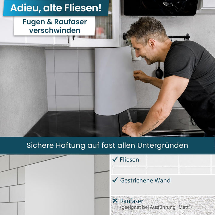 danario Küchenrückwand selbstklebend - Glasoptik - Spritzschutz Küche - versteifte PET Folie - 0,8 m