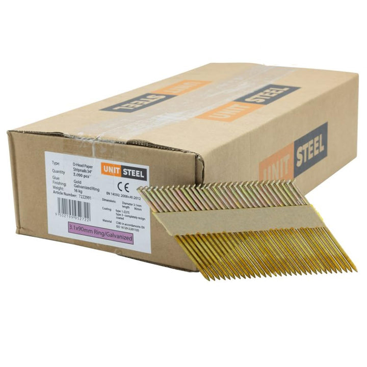 34° Halbkopf-Streifennägel - 3,1x90mm, 3.000 stück, Nägel für Druckluft-Nagler, D-Kopf, Ring/Verzink