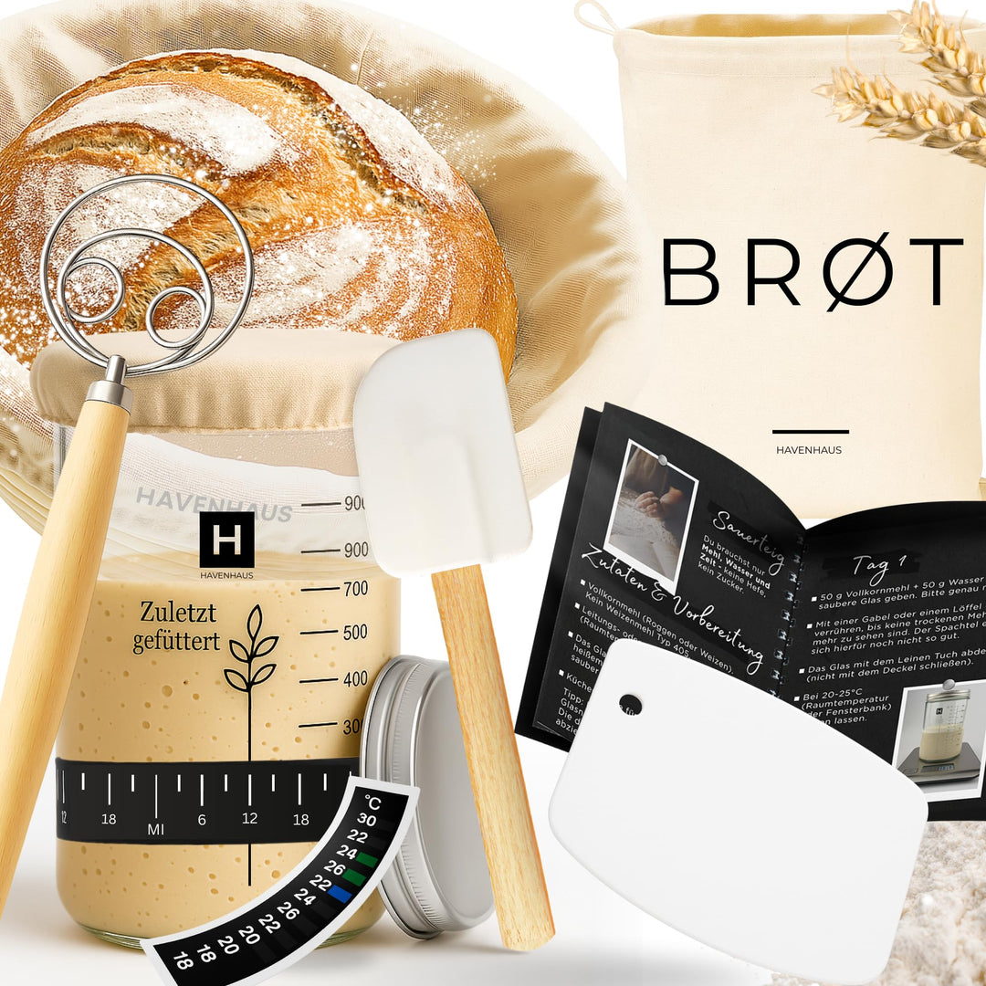 Brotbackset Gärkörbchen rund | Sauerteig Starter Set mit umfassendem Brot backen Zubehör | inklusive