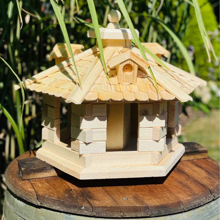 Sechseck Vogelhaus aus Holz L - XL Futterstelle mit und ohne Ständer handgefertigt (L ohne Ständer,