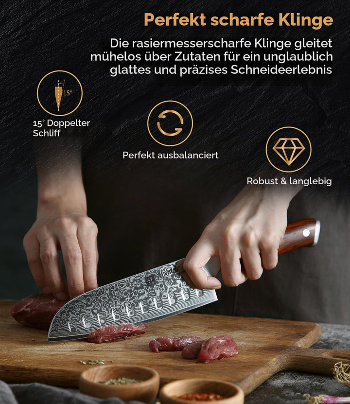 XINZUO 18cm Damaststahl Santokumesser, Damastmesser Chefmesser Profi geschmiedet Kochmesser, Scharfe