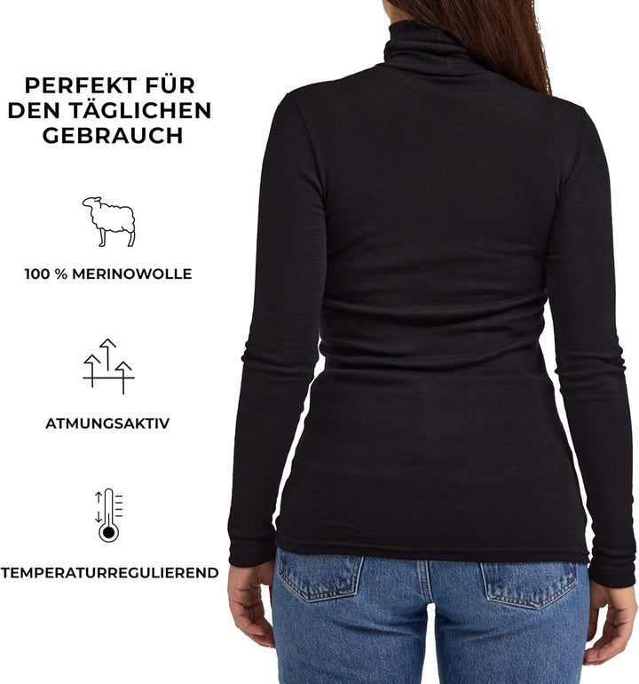 Dilling Damen Rollkragenshirt aus Merinowolle 34 Schwarz, 34 Schwarz