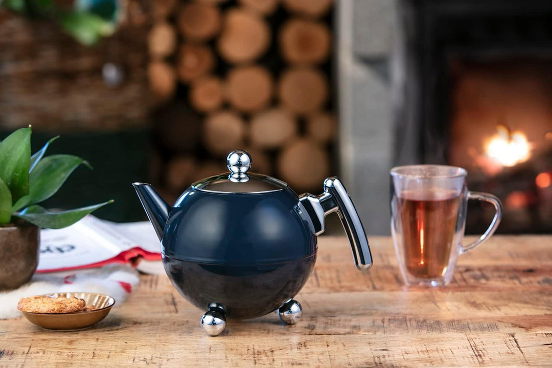 Bredemeijer grosse Blaue bauchige doppelwandige Edelstahl Teekanne 1.2 Liter - isolierende Kanne für