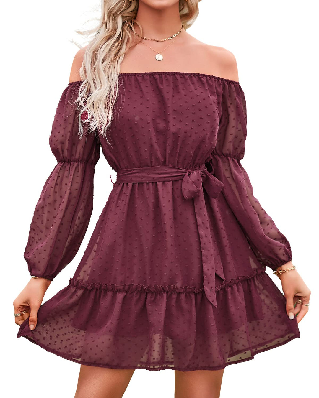 BebreezChic Kleid Damen Elegant Langarm Off Shoulder Einfarbig Swiss Dot Luftig Sommerkleid Miniklei
