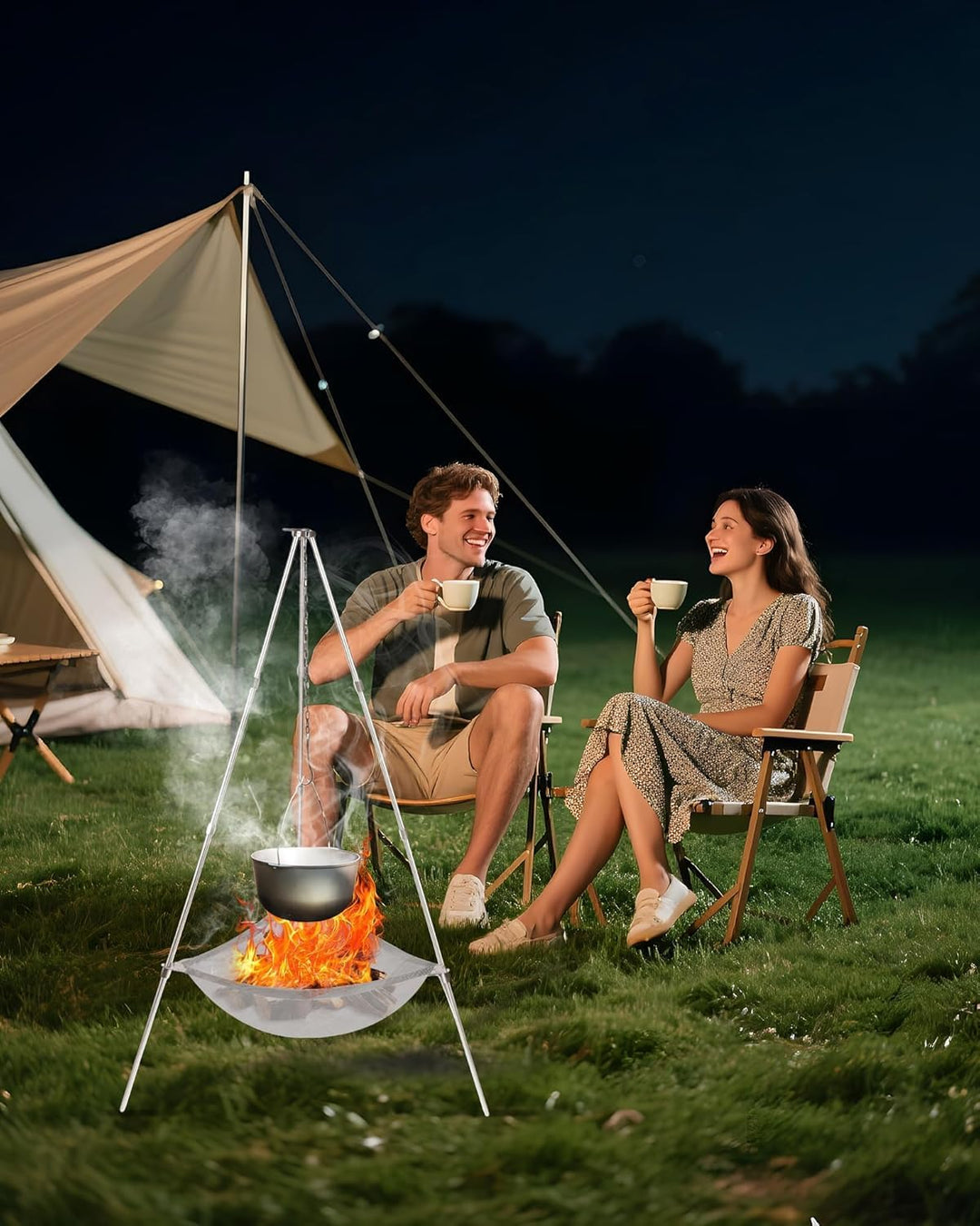 BBQ Dreibein Gestell, Tragbarer Feuerrost für Camping, Zusammenklappbarer Dreibein Grillrost mit Koc