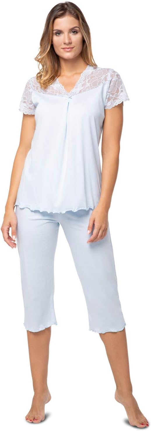 e.Femme® Damen Schlafanzug Lena II 861 aus Baumwolle und Lenzing® Modal 38 Hellblau, 38 Hellblau