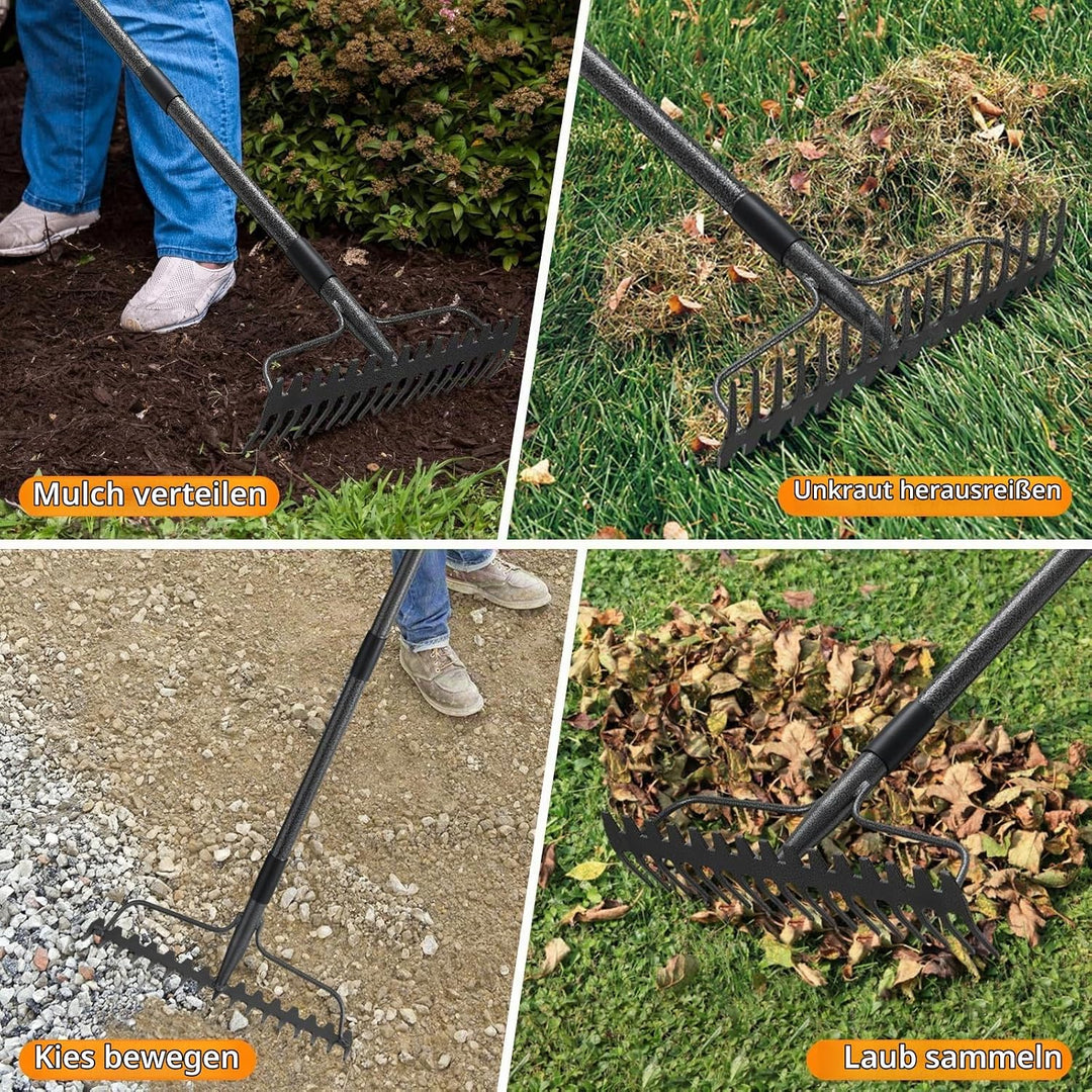 Gartenrechen 150 cm - Robuste Metall Gartenharke mit Stiel und 17 Zinken für Rasen, Laub &amp; Boden | R
