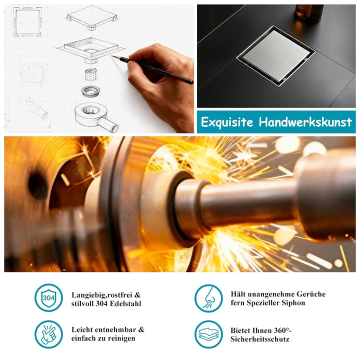 10x10cm Quadratischer Bodenablauf mit 360°Siphon - 2 in 1 Befliesbar Ablaufrinne Duschablauf, 2 Abla