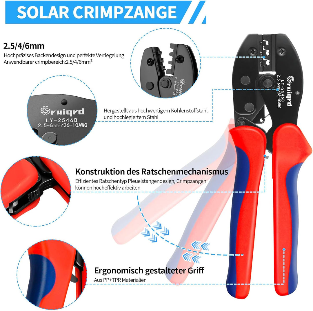 Solar Crimpzange Set für 2.5/4/6mm² Solarpanel PV Kabel, 1x Crimpzange+1x Abisolierzange+10 Paar Sol