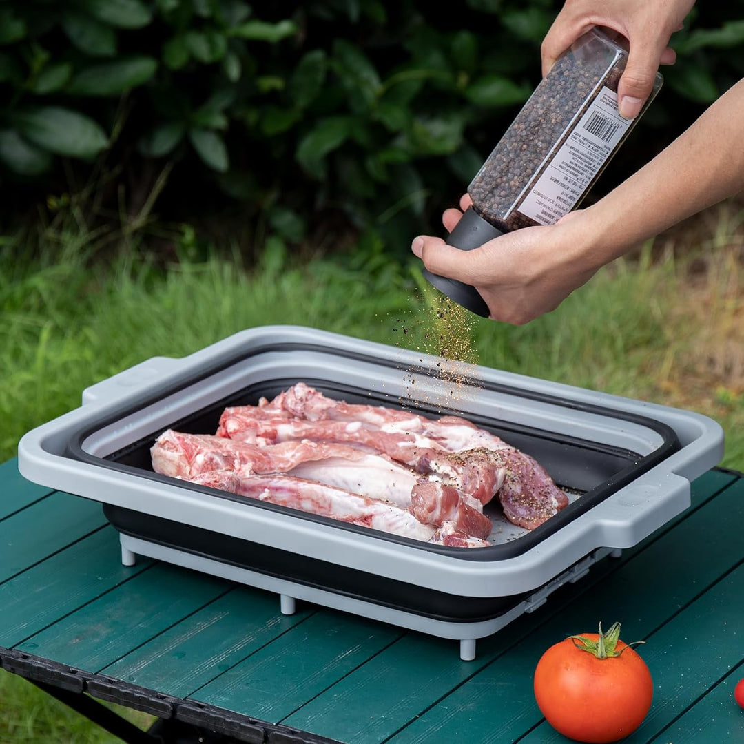 Zusammenklappbare Grillwanne mit Deckel (8L) – Falbbares Camping-Spülbecken mit Siebeinsatz | 4-in-1