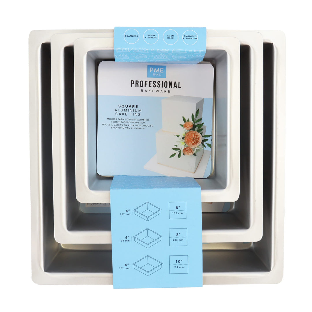 PME - Quadratische Kuchenformen 15, 20, 25 cm x 10 cm tief, 3er-Satz