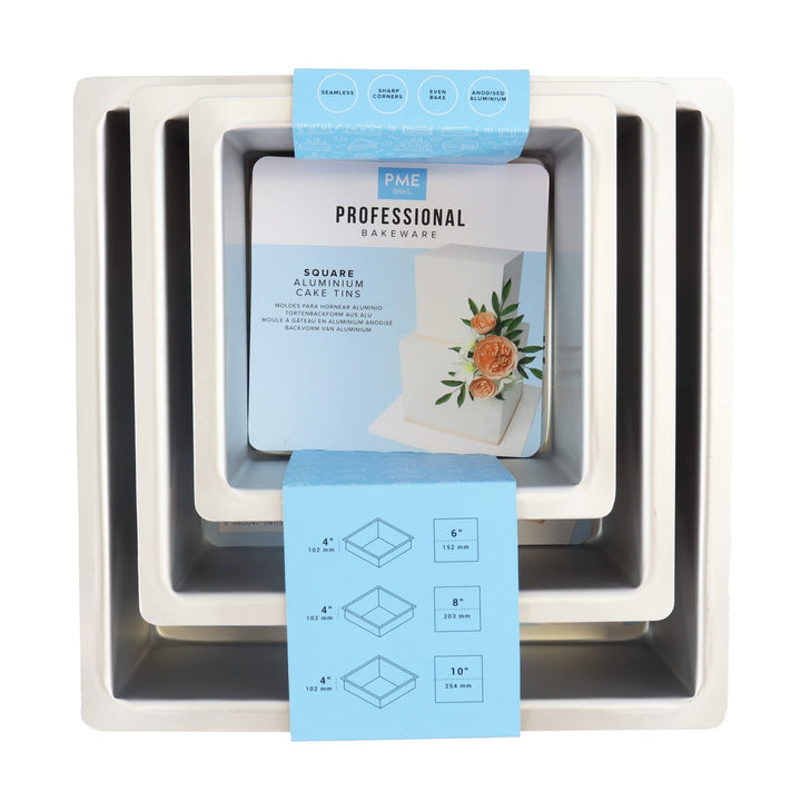 PME - Quadratische Kuchenformen 15, 20, 25 cm x 10 cm tief, 3er-Satz