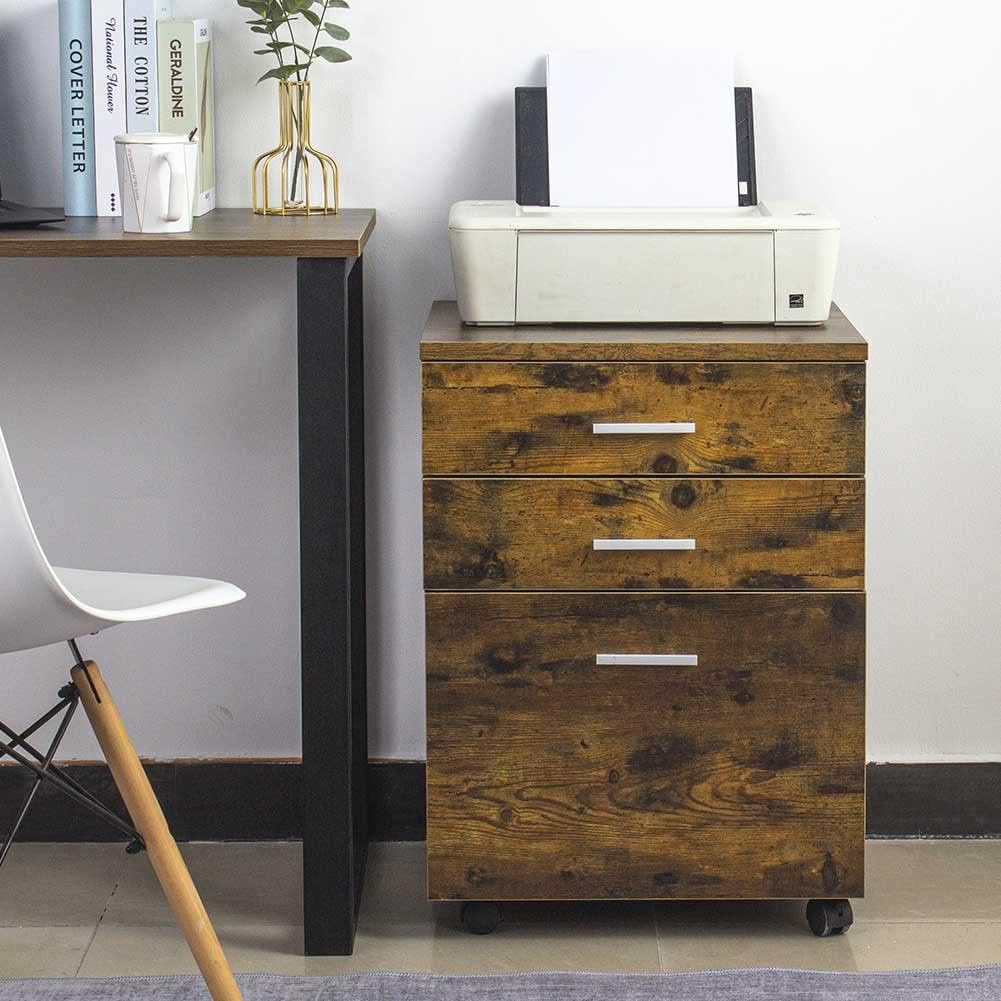 BAKAJI Kommode Schreibtisch Druckerschrank aus MDF-Holz mit 3 Schubladen und 4 drehbaren Rädern, mod