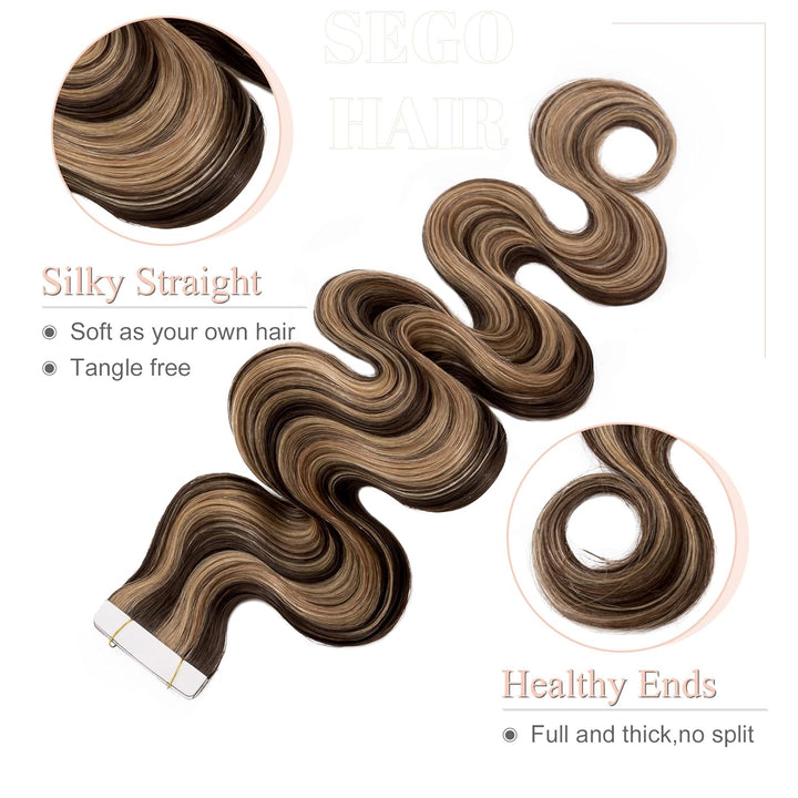 SEGO Tape Extensions Echthaar GEWELLT 16zoll/40cm 20 Stück Klebeband Haarverlängerung 50G mit 10 PCS