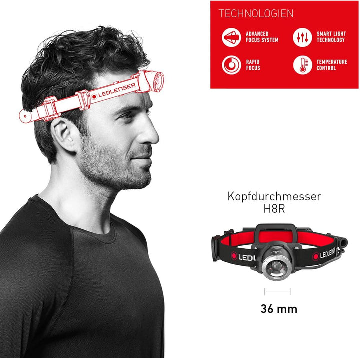 Ledlenser H8R, LED Stirnlampe, 600 Lumen, bis zu 120h Laufzeit, rotes Rücklicht, inkl. Akku, aufladb