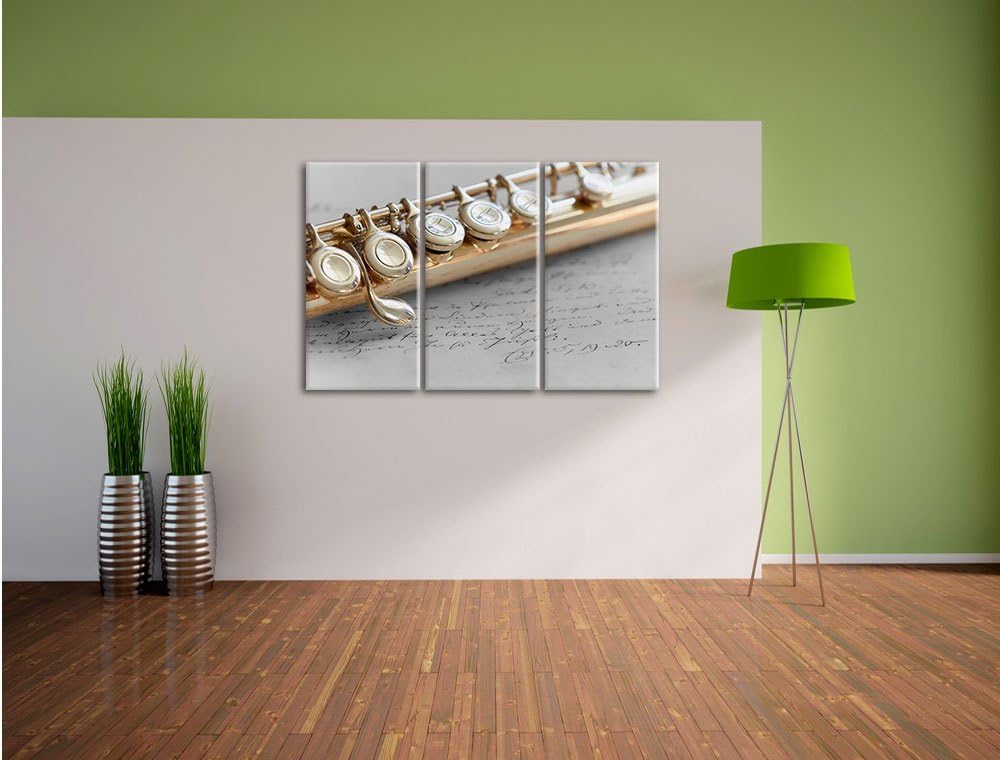 Pixxprint Detailaufnahme Einer Querflöte Schwarz/Weiss 3-Teiler Leinwandbild 120x80 Bild auf Leinwan