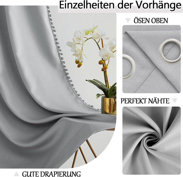 Treatmentex Blickdicht Vorhang mit Pompons Grau Vorhang mit Ösen Landhausstil Wärmeisoliert Thermovo