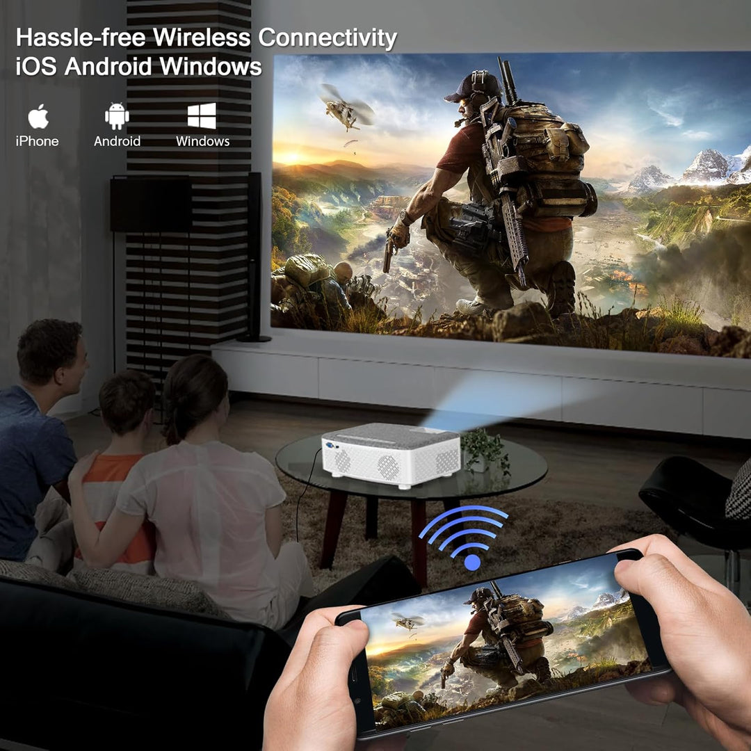 WiFi Beamer mit 120 Zoll Screen, 7500 Lumen WLAN Bluetooth Unterstützung 1080P Video, mit HiFi-Lauts