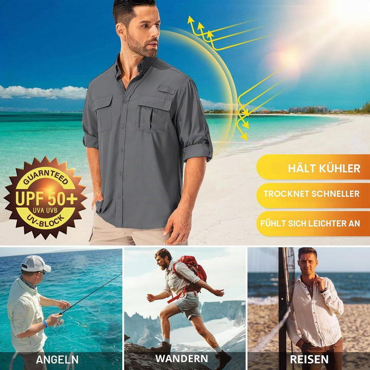 Hemd Herren Safari UPF50+ UV Schutz Wanderhemd Herren Langarm Funktionshemd Outdoorhemd Atmungsaktiv