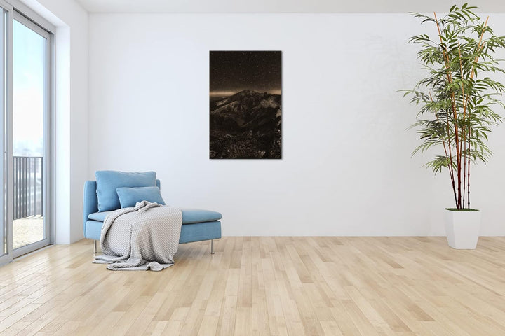 scheinende Nacht über den Bergen Effekt: Sepia, Format: 80x60 als Leinwandbild, Motiv fertig gerahmt