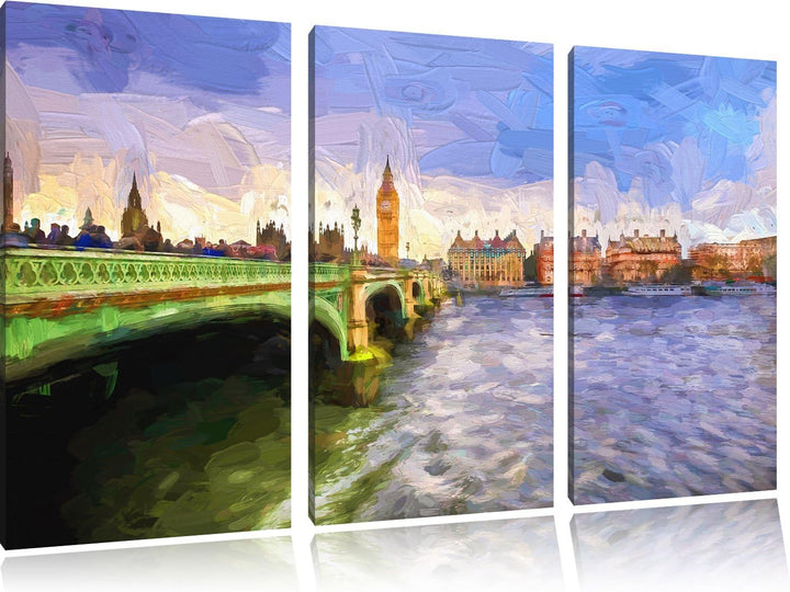 Pixxprint Big Ben mit Brücke in London Pinsel Effekt 3-Teiler Leinwandbild 120x80 Bild auf Leinwand