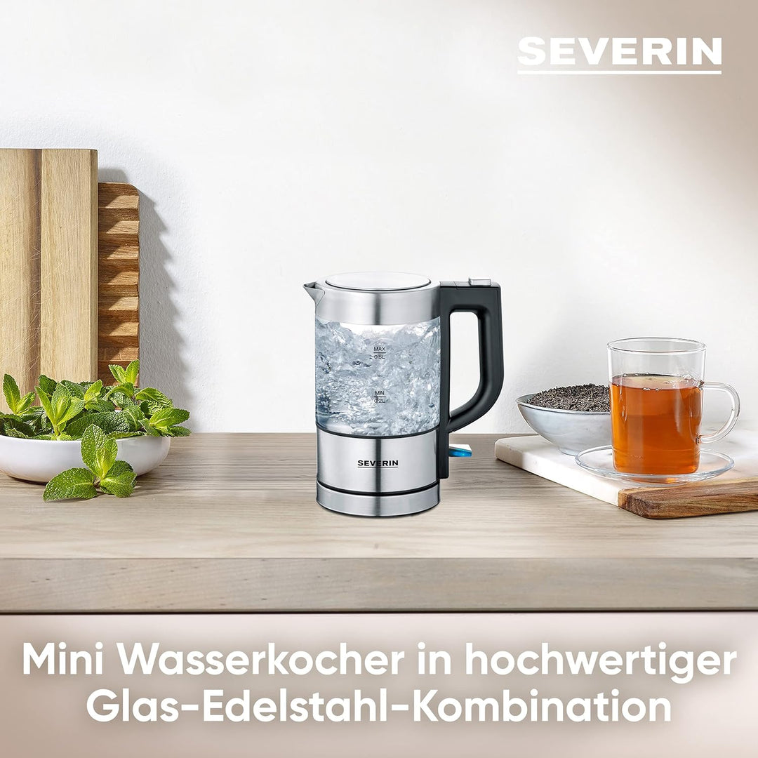 SEVERIN Mini Glas Wasserkocher, leistungsstarker und kompakter Wasserkocher in hochwertigem Design,