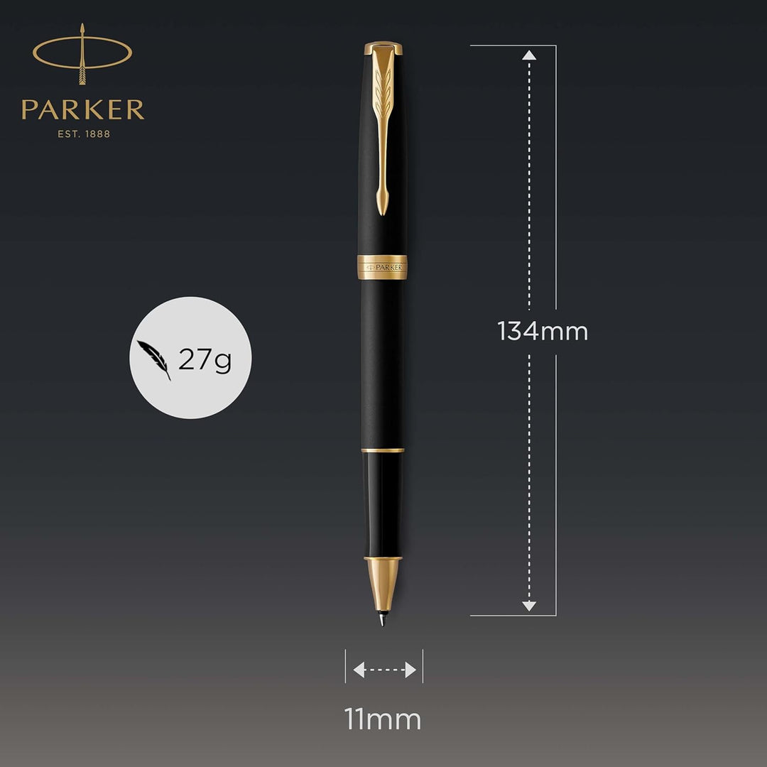 Parker Sonnet Tintenroller | Matt-Schwarze Lackierung mit Goldzierteilen | feine Spitze | Schwarze T