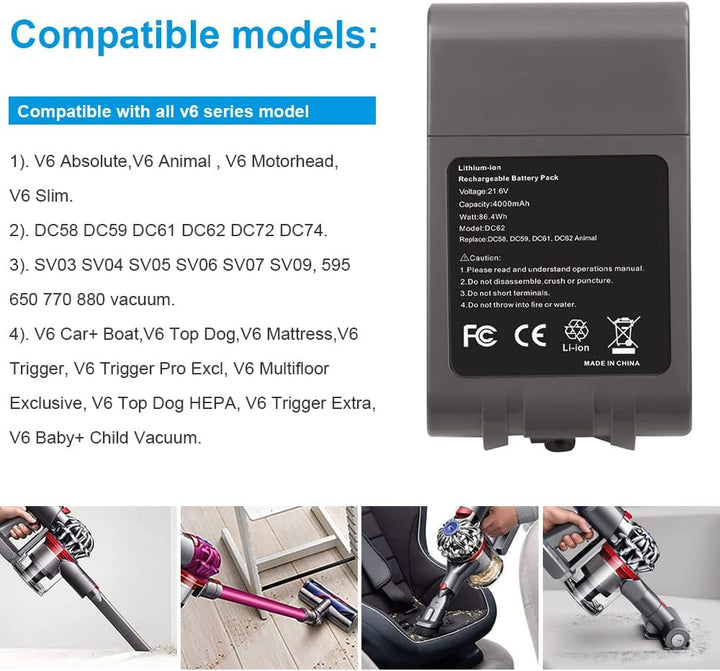 LabTEC DC62 Akku 21.6 V 4000 mAh Ersatz für Dyson V6 Akku DC58 DC59 DC61 DC62 DC72 DC74 SV03 SV04 SV