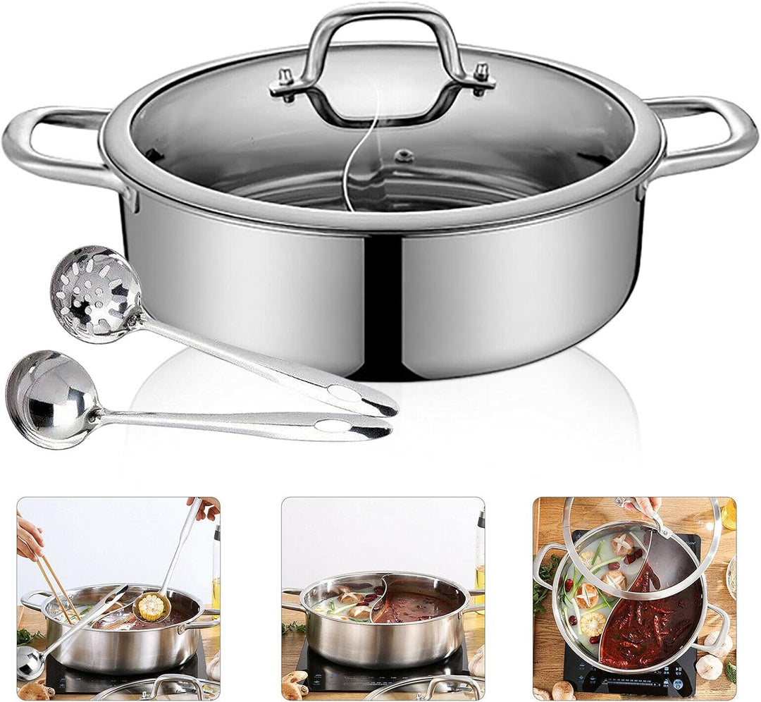 Hot Pot, 28cm/32cm Doppelte Trennung Shabu Shabu Edelstahl Glasdeckel Feuertopf mit 2 Kammern Mandar