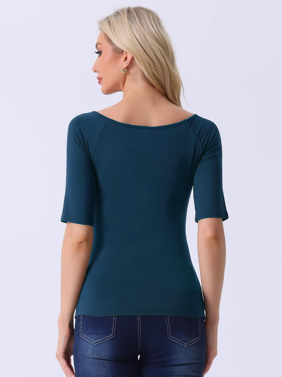 Allegra K Damen Ellbogenärmel Rundhals Slim Fit Bluse T-Shirt XS Dunkelblau, XS Dunkelblau