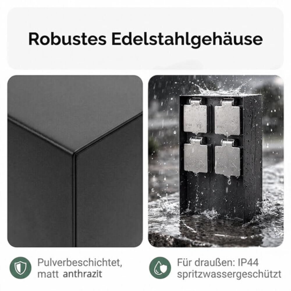 LED Universum Gartensteckdose aus Edelstahl, IP44 für aussen, 23cm (Anthrazit 4-fach), Anthrazit 4-f