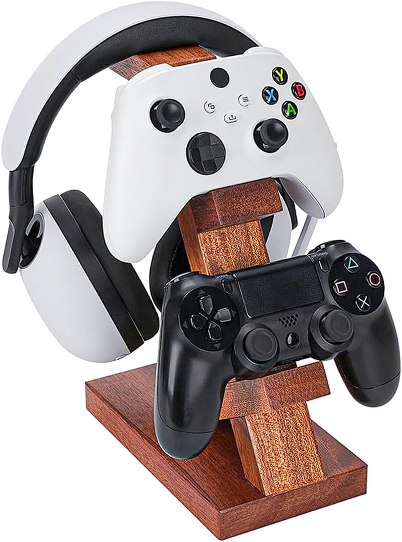Sarini Dual-Gamepad-Controller und Kopfhörerständer aus massivem Holz, Aufbewahrungsständer für Game