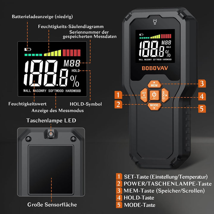 Pinless Digitaler Feuchtigkeitsmesser Feuchtigkeitsmessgerät ohne Einstich, 19mm Messtiefe LED-Anzei