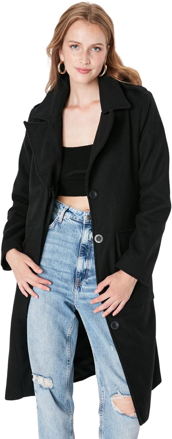 TRENDYOL Damen Trendyol Damen Regular Bikerjacken Plain Webstoff Mantel Coat, Schwarz, 40 EU