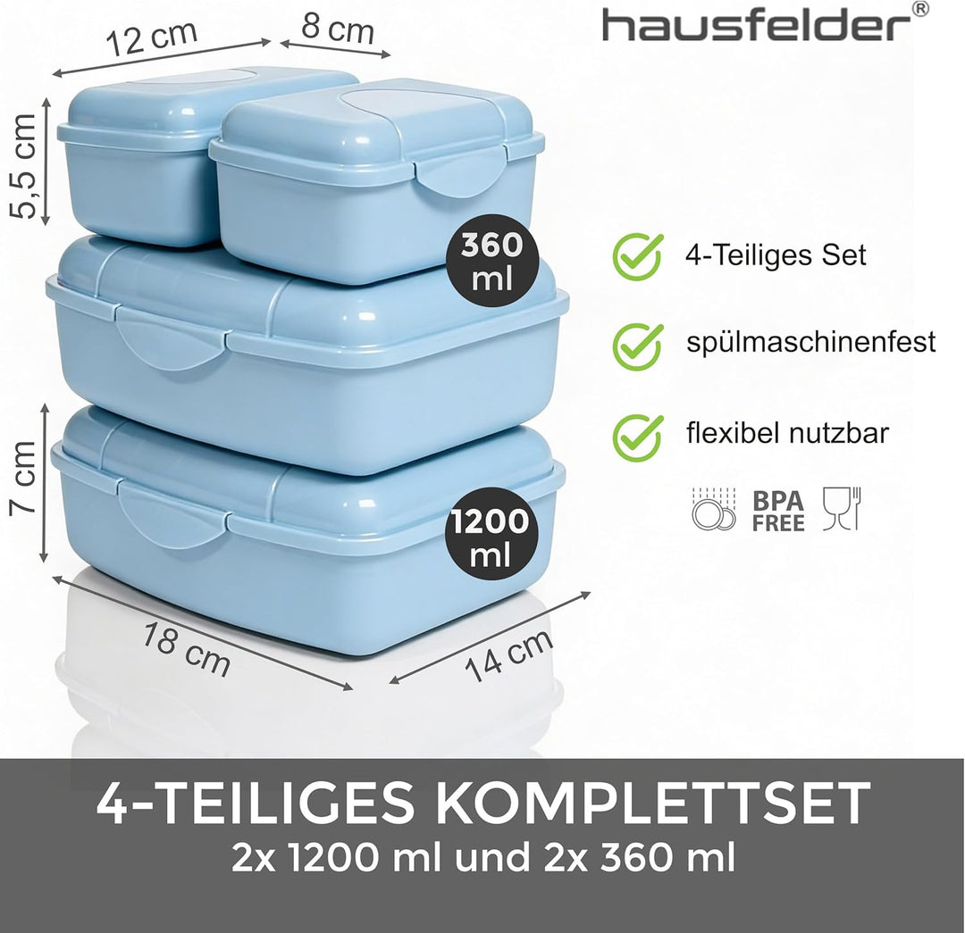 Hausfelder Brotdose Set Erwachsene – 4er Lunchbox Set blau mit 2 grossen (18x14x6,5cm) & 2 kleinen (