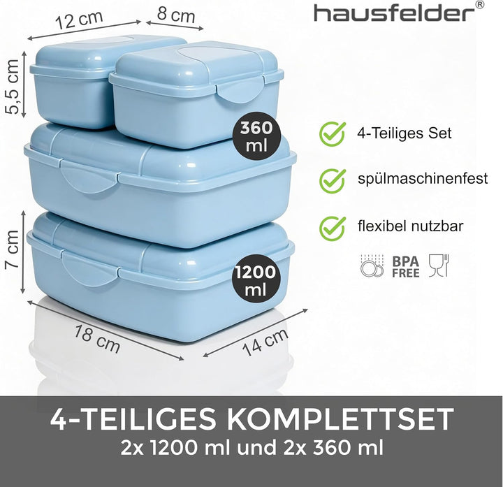 Hausfelder Brotdose Set Erwachsene – 4er Lunchbox Set blau mit 2 grossen (18x14x6,5cm) & 2 kleinen (