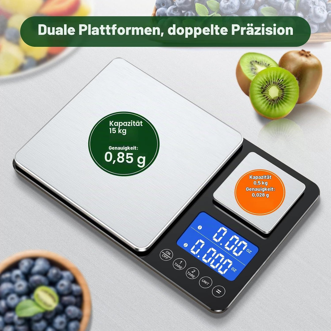 BRICH küchenwaage digital mit Dualer Plattform – 500g/0,01g &amp; 15kg/1g Präzision, Summierfunktion, 7