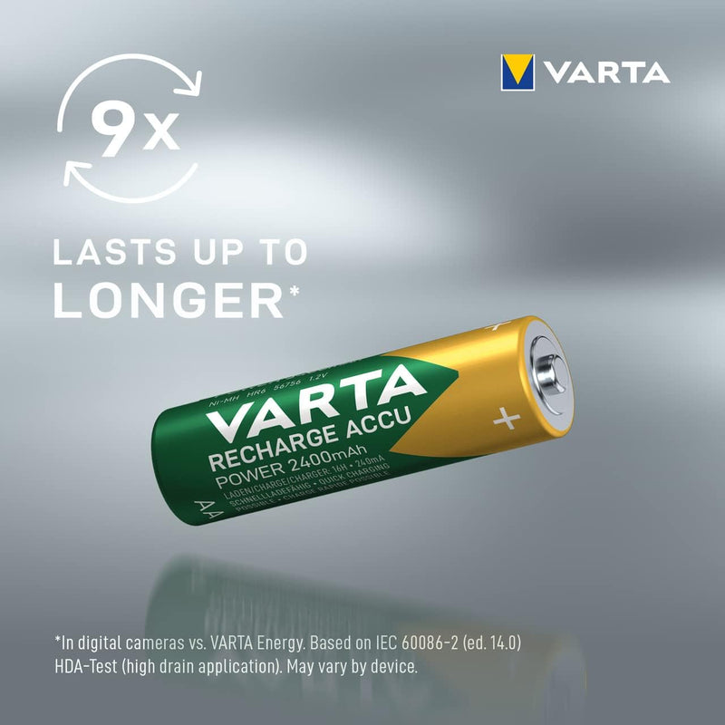 VARTA Batterien AA, wiederaufladbar, 4 Stück, Recharge Accu Power, Akku, 2400 mAh NI-MH, ohne Memory