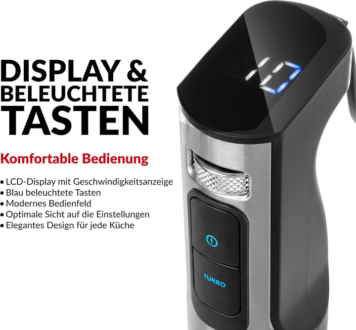LEHMANN Stabmixer 2000 Watt, 12 Geschwindigkeitsstufen & Turbo-Funktion, Edelstahlklingen, Digitales