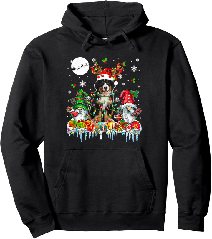 Santa Reindeer Bernese Mountain Couple Gnomes Christmas Pullover Hoodie