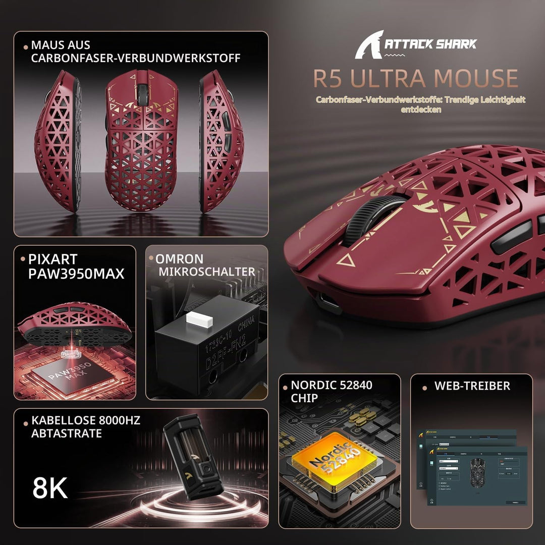 ATTACK SHARK R5 Ultra Carbonfaser Gaming-Maus, 39g Superlight, 8000Hz Kabellose Mouse, 42000 DPI, PA